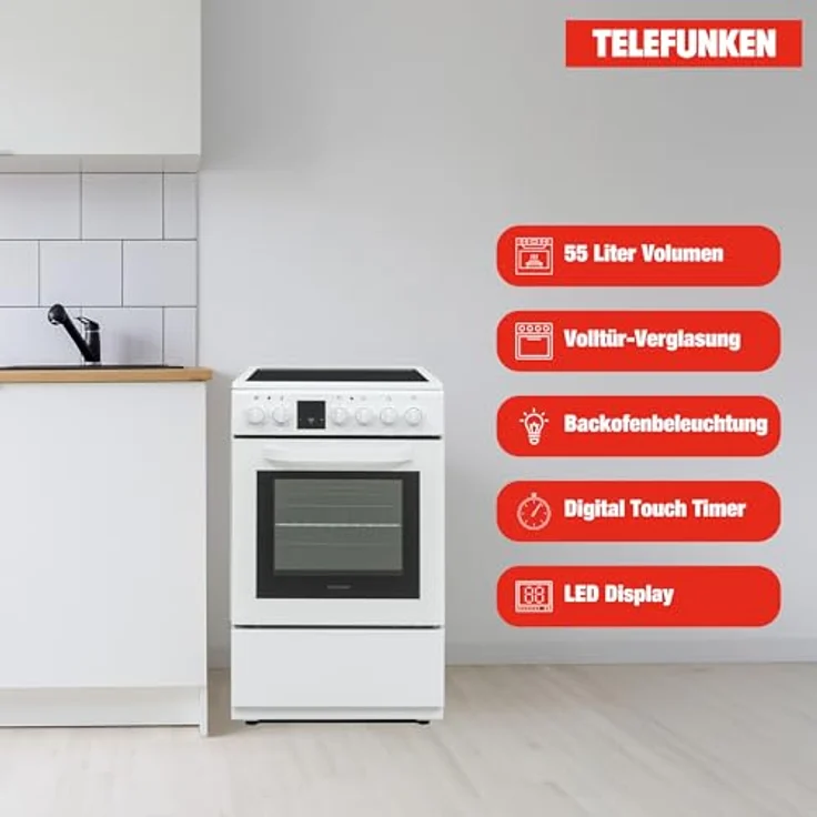 Telefunken Standherd BSHC55AI, Elektroherd freistehend mit Glaskeramik-Kochfeld, 55 Liter, 5 Betriebsarten, 4 Kochzonen, LED-Display, Energieeffizienzklasse A, Weiß – Bild 4