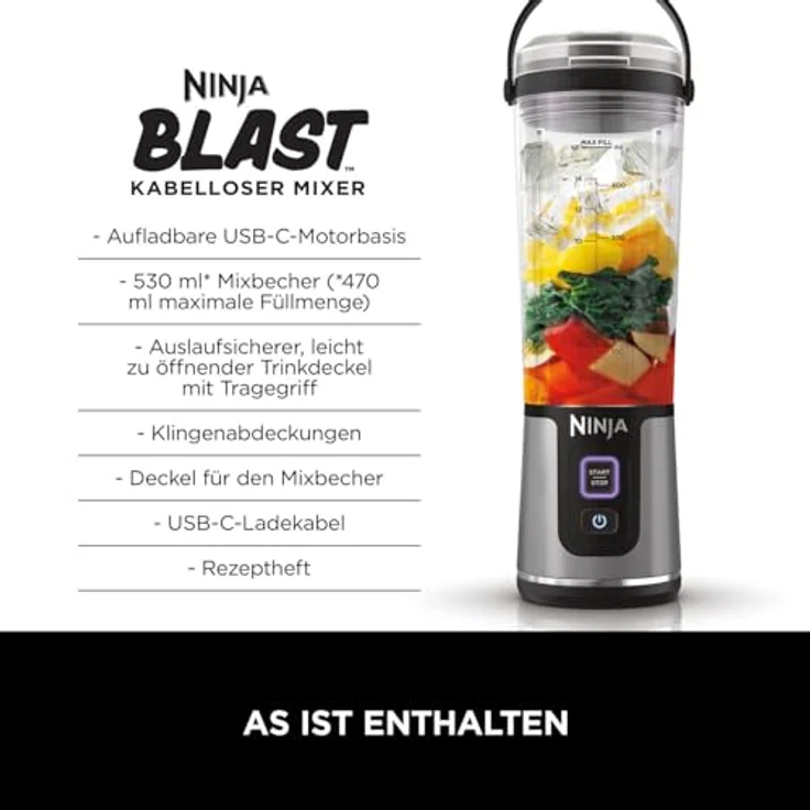 Ninja Blast BC151EUBK, Schwarz, Tragbarer Mixer & Smoothie Maker, 530ml Becher mit Auslaufsicherem Deckel & Trinköffnung, Leistungsstark, Kabellos & Wiederaufladbar, Zerkleinert Eis & Gefrorenes Obst – Bild 2