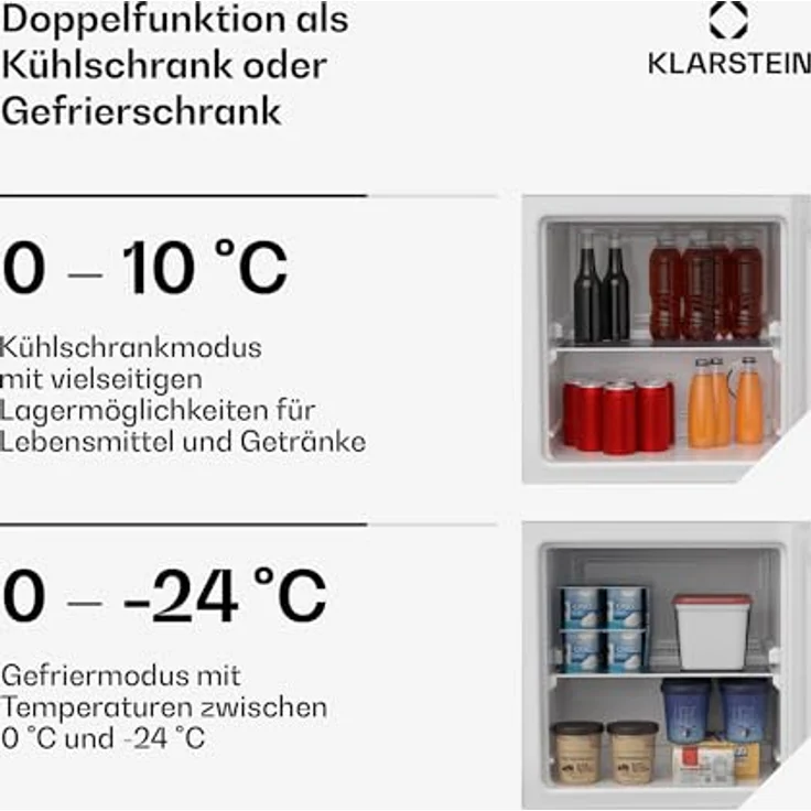 Klarstein Irene Mini-Gefrierschrank, 31L Kühl-/Gefrierkombination Mit Temperaturregelung -24 °C bis 10 °C, Energieeffizient, Leise 38 dB, Weiß - Für Schlafzimmer & Kleine Räume, Kompaktes Design – Bild 2