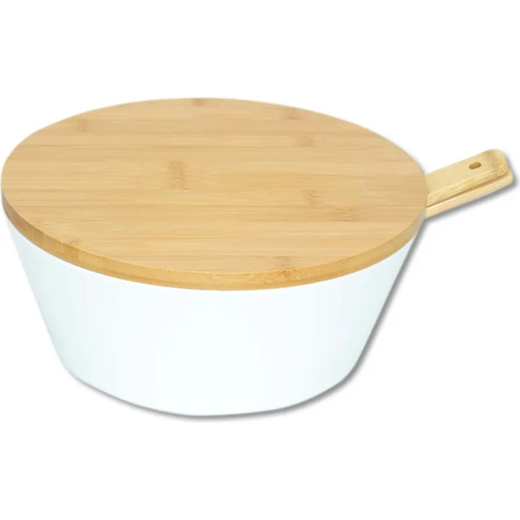 KESPER Obst & Salatschale Melaminweiß, Set mit Bambusdeckel und Salatbesteck