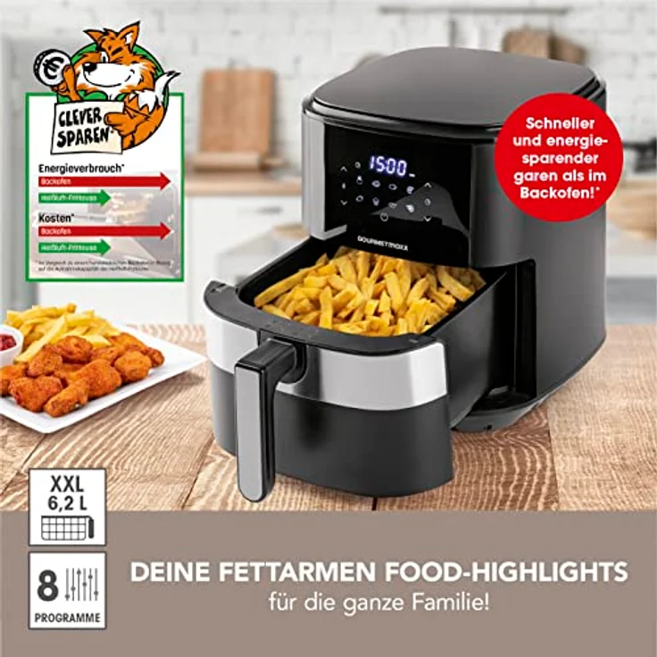 GOURMETmaxx Digitale Heißluft-Fritteuse XL 6,2 Liter | Kombination aus Heißluftofen, Grill und Fritteuse | 60 Min Timer, automatische Abschaltung, 8 Programme | Für besonders knusprige Ergebnisse – Bild 2
