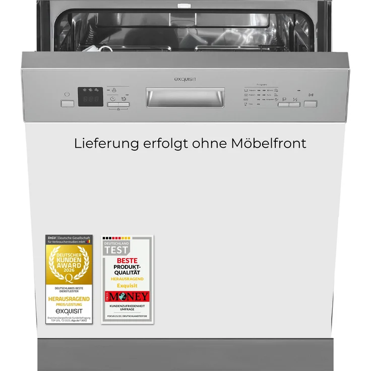 Exquisit Einbau-Geschirrspüler EGSP56312-EB-030E, 12 Maßgedecke, 7 Programme, Eco, Power+, Extra-Trocknung, Inox