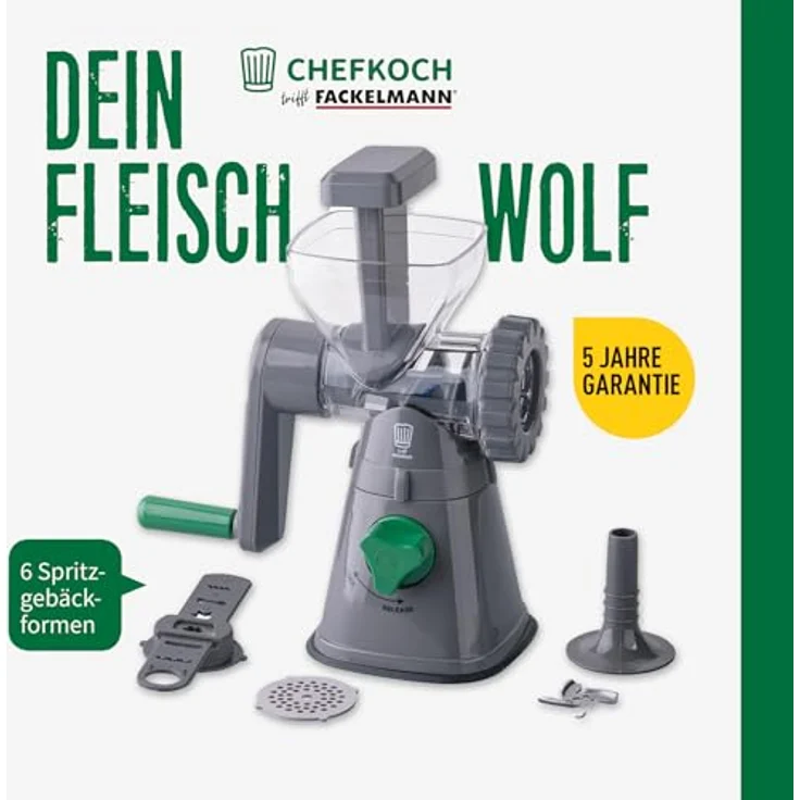 Chefkoch trifft Fackelmann Fleischwolf mit Gebäckvorsatz, 2 Lochscheiben & 6 Formen, robustes ABS-Gehäuse und scharfe Edelstahlklinge – Bild 2
