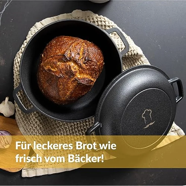 Chefarone® Gusseisen Topf Brot Backen Mit Deckel 4.6L - Brottopf 26CM - Robuster Brotbacktopf - Brotbackform Rund - Brotbacken – Bild 2
