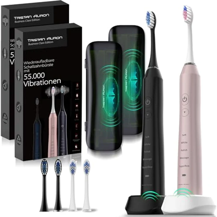 Tristan Auron Business Class Doppelpack Schallzahnbürste 55000 VPM + UV Case - 60 Tage Akku - 5 Putzmodi - Wasserdicht - Ladegerät für elektrische Zahnbürste (Schwarz+Pink) – Bild 1