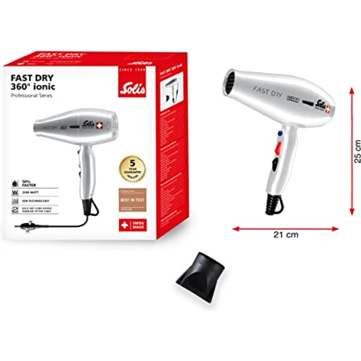 Solis Fast Dry 360º ionic 381 - Ionen Haartrockner - Föhn mit ION-Technologie - 360º drehbares Kabel - inklusive Stylingdüse - Silber – Bild 3