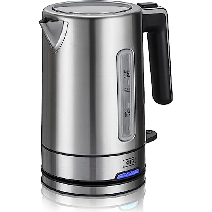 KHG Wasserkocher WK-105 ES, Edelstahl 1 Liter, 2200 Watt, abwaschbarer Kalkfilter, Wasserstandsanzeige, Trockengehschutz & Abschaltautomatik
