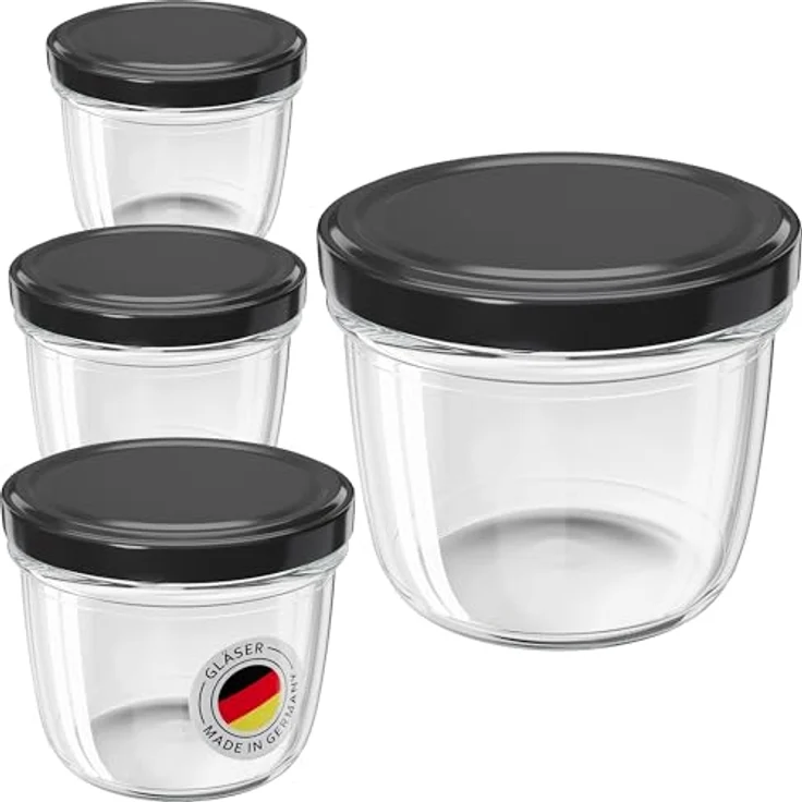 WELLGRO 200x Einmachgläser 230ml, Schraubdeckel TO82 schwarz, Made in Germany, wiederverwendbare Vorrats- und Aufbewahrungsgläser