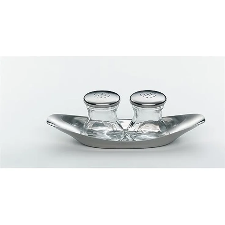 WMF Wagenfeld Streuer Set, Max und Moritz 3-teilig, mit Teller Salzsteuer Pfefferstreuer Glas, Cromargan Edelstahl mattiert spülmaschinengeeignet, H 6 cm – Bild 2
