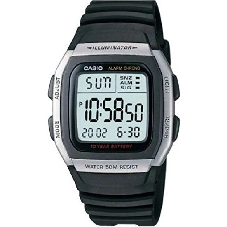 Casio W-96H-1Aves, Herren Digital Quarz Armbanduhr mit schwarzem Resin-Armband, 36 mm Gehäuse, 5 bar wasserdicht, Kalender und Stoppfunktion
