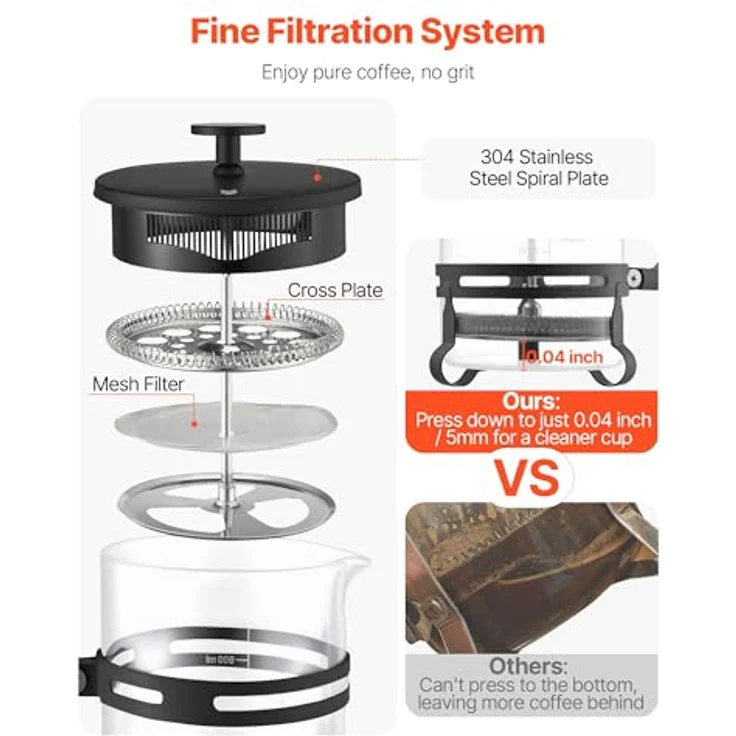 VEVOR French Press 1 L, Kaffeepresse aus Borosilikatglas mit Edelstahlfilter, vielseitiger Kaffeebereiter für Camping und Reisen, schwarz – Bild 3