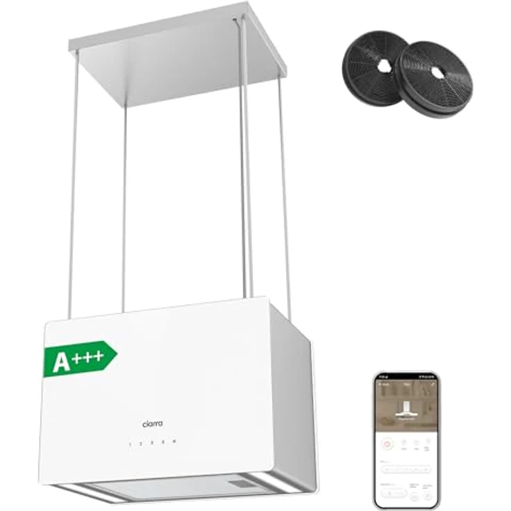 CIARRA CBCS4850 A+++ Inselhaube, freihängend, 48cm, 700m³/h, Smart App Touch Steuerung, Edelstahl, Weiß, mit Aktivkohlefilter – Bild 1