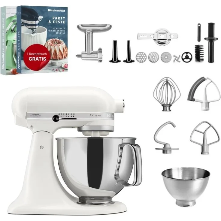 KitchenAid 4,8 L 5KSM175 Artisan Küchenmaschine Meatlover mit Ganzmetall-Fleischwolf, Porcelain White und 4,8 Liter Edelstahlschüssel