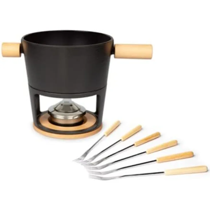 Stöckli 7576.80 Käsefonduegarnitur, Holz, Gusseisen, Schwarz - Gemütliche Fondue-Stunde mit alpinem Flair