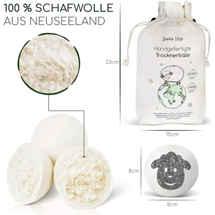 Luana Rose Trocknerbälle, 100% Schafwolle, Öko-freundlich, Set mit 6 Stück, hypoallergen, effizient für Daunen und allergikerfreundlich – Bild 2