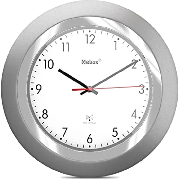 Mebus Funk-Wanduhr/klassisches Model/silberner Rahmen/weißes Zifferblatt / 24cm Durchmesser/Rund/Funkuhr (DCF77) / Modell: 19452 / Farbe: Silber, Weiß – Bild 1