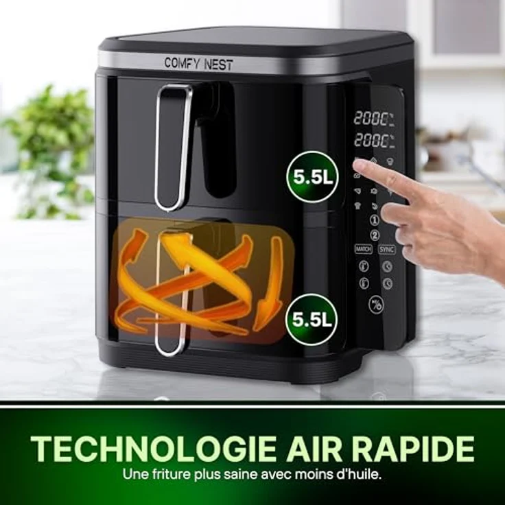 Comfy Nest CN-06177, 11-Liter-Doppelkorb-Heißluftfritteuse mit digitalem Touchscreen, Rapid Air-Technologie, erhöhte Sicherheit, leicht zu reinigen – Schwarz – Bild 5