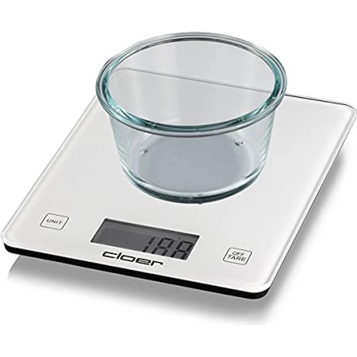 Cloer Küchenwaage 6871 digital, 10kg , 1 g Teilung, Zuwiegefunktion, Glaswiegefläche, weiß – Bild 4