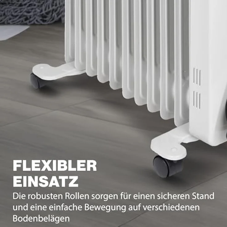Clatronic RA 3737 11 Rippen-Ölradiator, mobiler Heizkörper bis 2300 Watt, Wärmeregulierung über stufenlosen Thermostatregler, Flexibler Einsatz durch 4 Leichtlaufrollen, Slimline-Bauweise, weiß, Radiator – Bild 5
