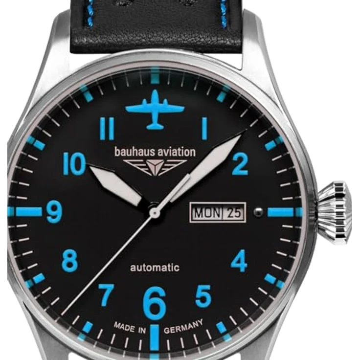 Bauhaus Aviation Tornado, Automatik-Uhr mit schwarzem Ziffernblatt und blauen Leuchtanzeigen, Edelstahlgehäuse, Japanisches Citizen-Miyota 8205 Uhrwerk – Bild 2