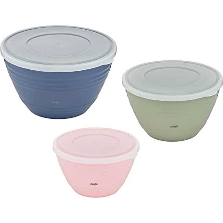 Emsa K325S3 Prep&Bake 3er Set Kunststoff-Rührschüssel | 1,7 + 2,75 + 4,15 L | mit konservierendem Deckel | rutschfester Boden | perfekte Stabilität beim Mischen | spülmaschinenfest | Rosa/Grün/Blau – Bild 1