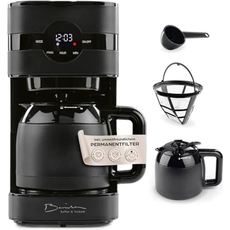 Barista Kaffee & Technik Filterkaffeemaschine mit Thermokanne | 24h Timer & Permanentfilter | Für 8 Tassen Kaffee | Kaffeemaschine für Pulver [Schwarz] – Bild 1