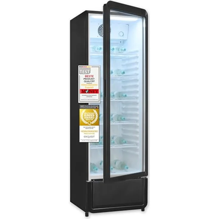 Exquisit GKS5260-GT-431D, Glastürkühlschrank mit 280l Volumen, LED-Beleuchtung, Umluft, 5 verstellbare Ablagen, schwarz – Bild 1