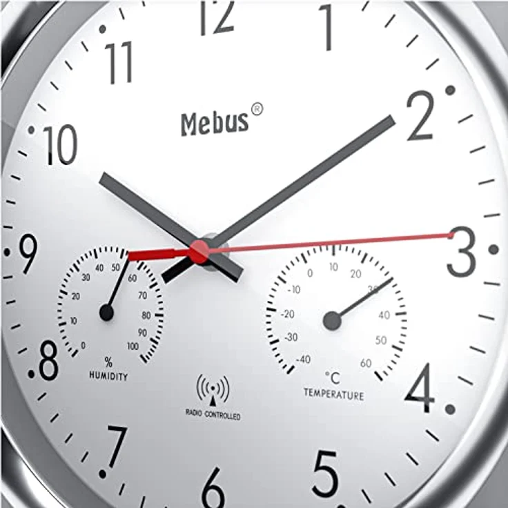 Mebus Funk-Wanduhr mit Thermometer und Hygrometer/silberner Rahmen/weißes Zifferblatt / 24cm Durchmesser/Rund/Modell: 19454 / Farbe: Silber, Weiß – Bild 2