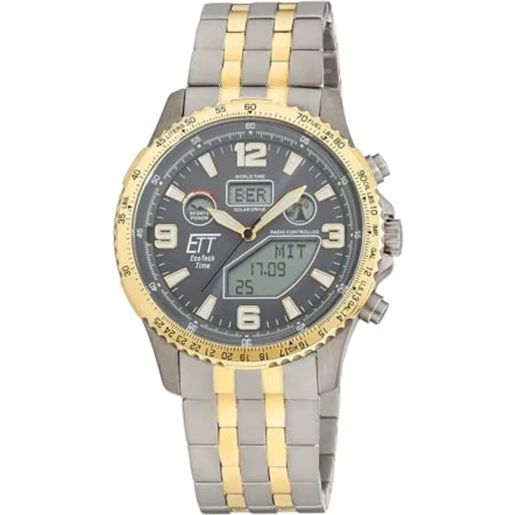 ETT Eco Tech Time EGT-11722-52M, Funk Solar Herren Uhr Analog mit Titan Armband, graues Zifferblatt, wasserdicht bis 10 Bar, Weltzeit- und Stoppfunktion
