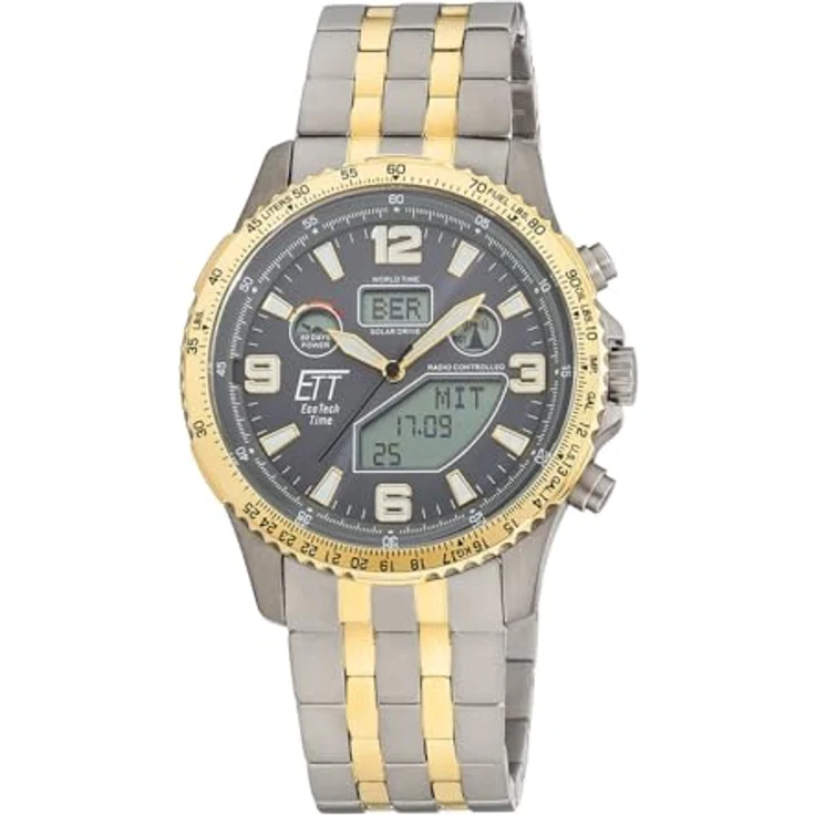 ETT Eco Tech Time EGT-11722-52M, Funk Solar Herren Uhr Analog mit Titan Armband, graues Zifferblatt, wasserdicht bis 10 Bar, Weltzeit- und Stoppfunktion – Bild 1