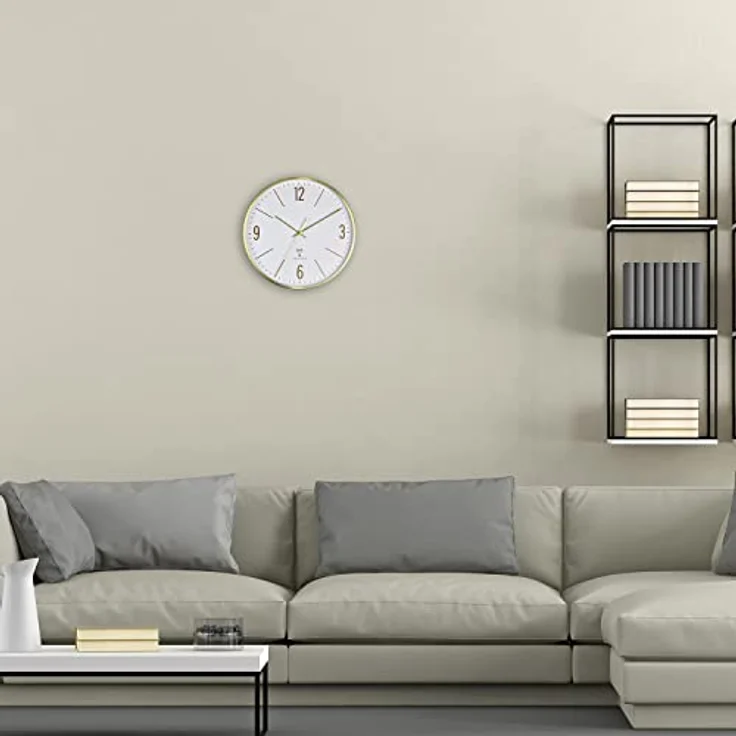TFA Dostmann Analoge Funk-Wanduhr, 60.3534.55, 30cm, Goldener Metallrahmen, leises Uhrwerk, modernes Design, mit Glas-Abdeckung, Gold – Bild 3