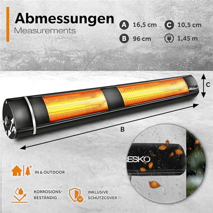TRESKO Infrarot Heizstrahler 3000W mit Fernbedienung | Wärmestrahler Terrasse elektrisch mit 3 Heizstufen | Terrassenstrahler Innen & Außen | Wand-Heizstrahler Infrarotstrahler Wickeltischstrahler – Bild 5