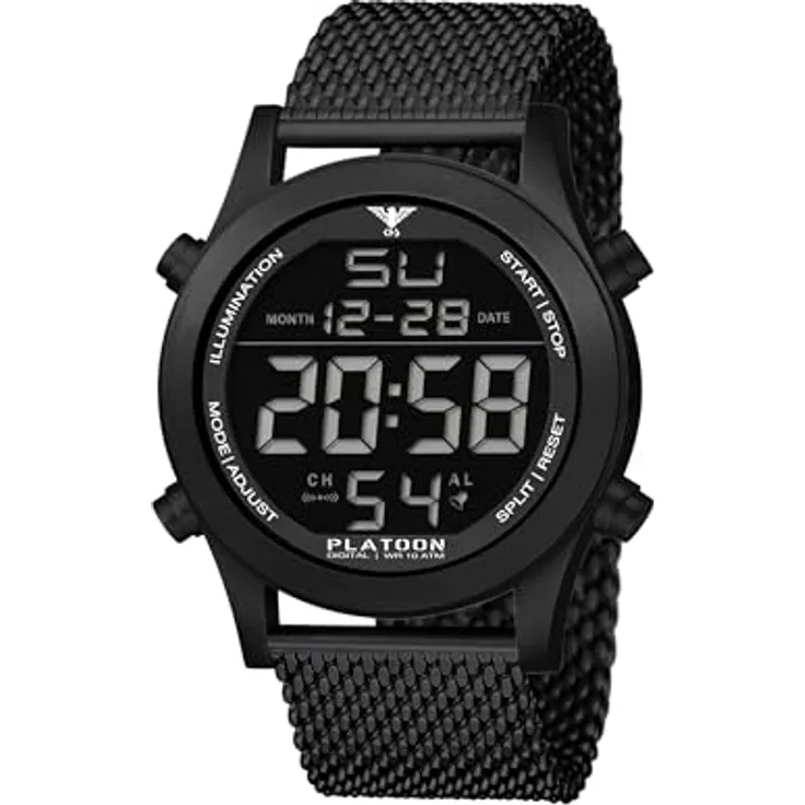 KHS Herren-Digitaluhr Platoon Schwarz mit Meshband PLABSD.MB, Stoppuhr, Alarm, Beleuchtung, Im Dunkeln leuchtend, Kalender