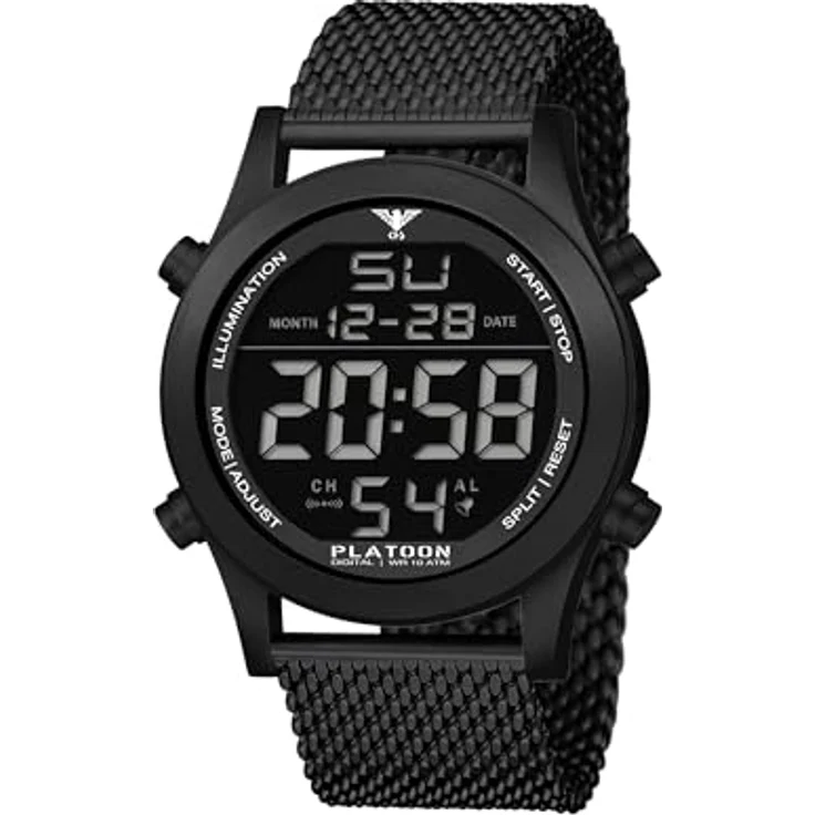 KHS Herren-Digitaluhr Platoon Schwarz mit Meshband PLABSD.MB, Stoppuhr, Alarm, Beleuchtung, Im Dunkeln leuchtend, Kalender – Bild 1