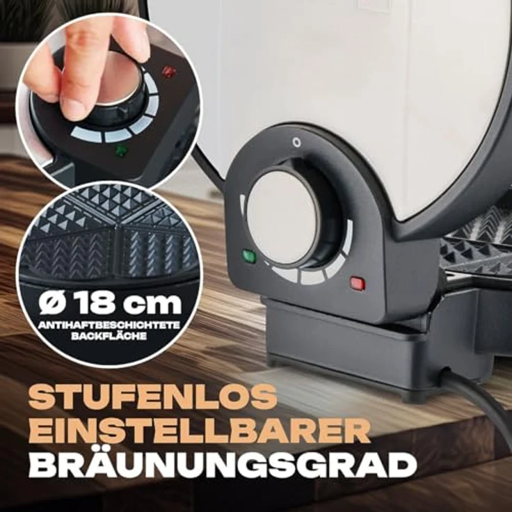 Clatronic WA 3492 Waffeleisen, 1000 Watt, Edelstahleinlage, Große Backflächen Ø 18 cm antihaftbeschichtet, Stufenlos regelbarer Bräunungsgrad – Bild 4