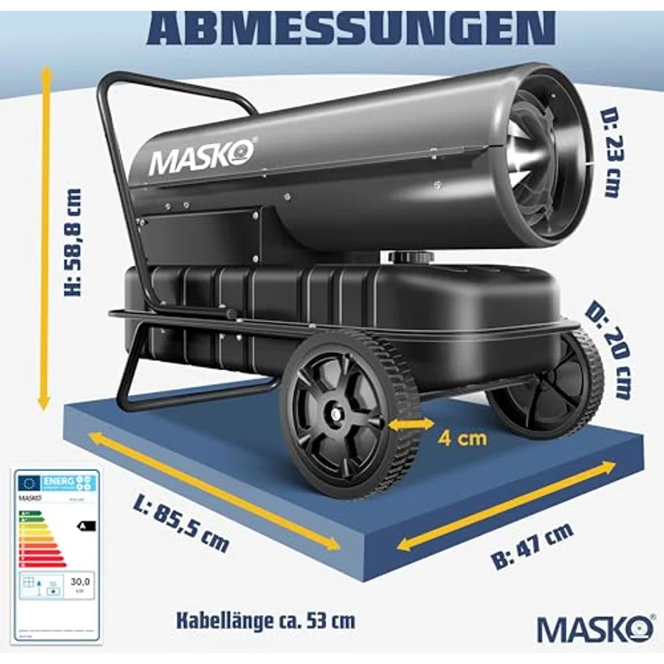 MASKO® Heizkanone 30kW Diesel, Baustellenheizer mit Thermostat, 750m³/h, 34L Tank, anthrazit – Bild 2