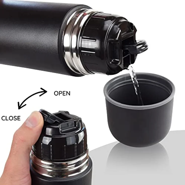 Milu Thermosflasche Thermoskanne Isolierflasche 1L, 750ml, 500ml - Isolierte Edelstahl Trinkflasche, 100% Auslaufsicher, Doppelwandisolierung (Schwarz, 750ml) – Bild 3