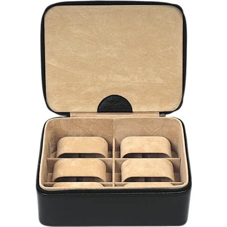 WINDROSE Uhrenbox Beluga 803861.08, Uhrenetui für max. Ø 34mm Uhren, schwarz-beige, Leder, 6 Kissen, Reißverschluss – Bild 3
