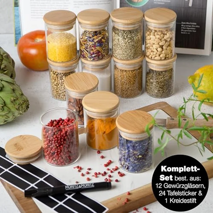 Moritz & Moritz Gewürzgläser Set, 12x 125 ml mit Bambusdeckel, inkl. 24 Tafelsticker & Kreidestift, bruchsicher und spülmaschinenfest, transparent – Bild 4
