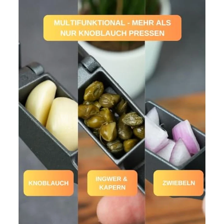 Thiru Knoblauchpresse (Basic - feines Knoblauchhack) - inkl. Reinigungsstempel - Kein Schälen notwendig - Ideal für Ingwer, Knoblauch, Zwiebeln & Kapern - inkl. E-Book 25 Rezepten - Made in Germany – Bild 2