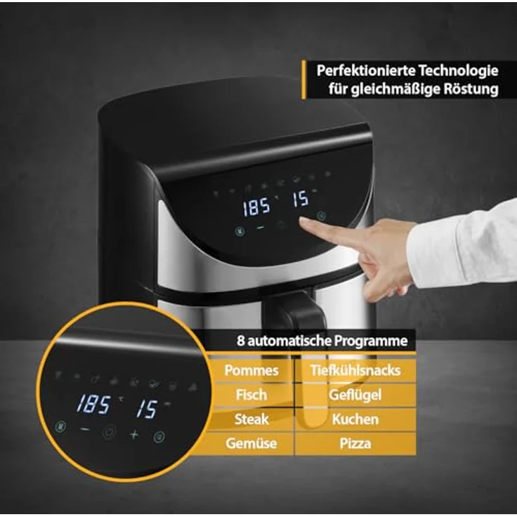 TZS First Austria Air Fryer | 5,8 L | 80-200°C | 8 Programme | Digitalsteuerung | Antihaftbeschichtung | 1700 W | Timer | Edelstahl-Heizelement, Heißluftfritteuse in Silber – Bild 4