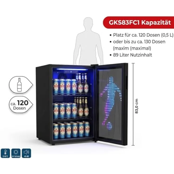PKM GKS83FC1 Flaschenkühlschrank, 89 Liter, Touch Control, Umluft-Kühlung, blaue LED-Beleuchtung, Schwarz – Bild 5