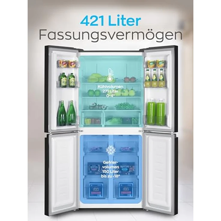 Heinrich´s Cross Door Kühlgefrierkombination mit 421L Gesamtvolumen, Total-No-Frost Funktion, 150L Gefriervolumen, Multi-Airflow, Fresh Converter System, LED Beleuchtung, Inox – Bild 3