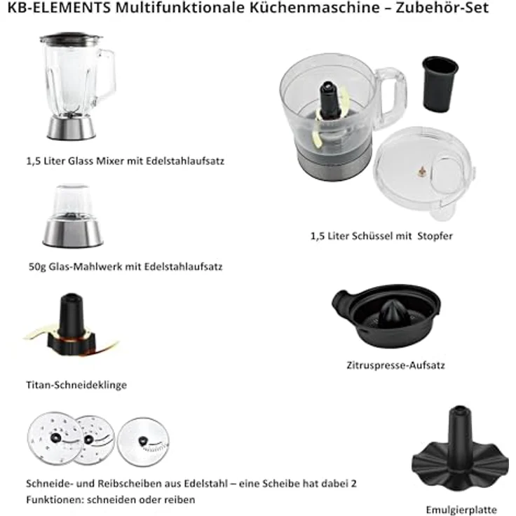 KB ELEMENTS Küchenmaschine - Mixer mit 800W Voll Kupfer Motor, Full Touch Display, Titan Schneideklinge, 1,5L Behälter, Edelstahl – Bild 3