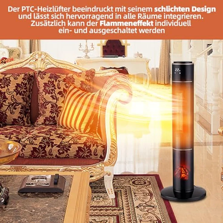 SHX PTC-Keramik-Heizlüfter mit Kamineffekt 2000W SHX21PTC2000KE – Heizlüfter mit Kamineffekt, 2000 Watt, oszillierend, Display, Fernbedienung, schwarz – Bild 3