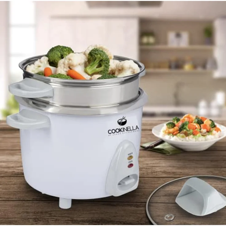 KeMar Kitchenware Reiskocher KRC-200, 500 W, Edelstahl Innentopf, Glasdeckel, 1,4 L Kapazität, inkl. Bambuslöffel, Weiß – Bild 2