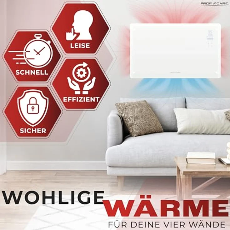 ProfiCare® Elektroheizung mit Glasfront & X-Shape Heizelement | mobiler Heizkörper auch für Wandmontage geeignet | Konvektor Heizung mit 2 Heizstufen | lautloses Heizen - 0dB | PC-GKH 3119 weiß – Bild 4