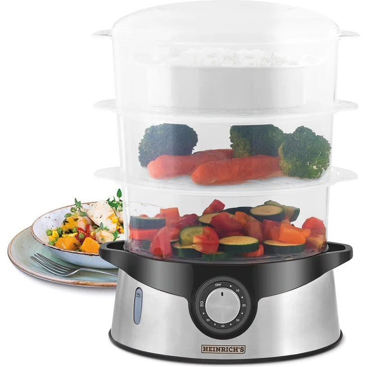 Heinrich´s Dampfgarer HDA 8501, 800,00 W, Dampfkocher, Timerfunktion, 800 Watt, Edelstahl, 3 stapelbare Etagen, 9 Liter Fassungsvermögen, BPA-frei – Bild 1