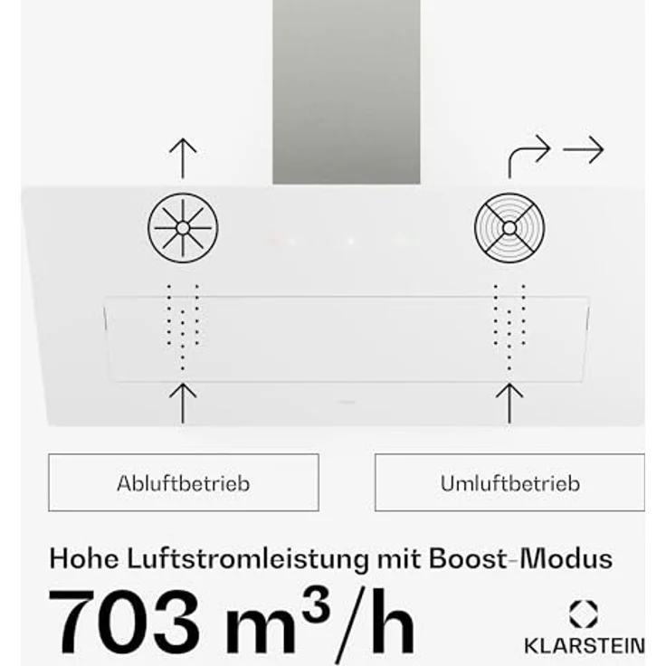 Klarstein SleekAir Dunstabzugshaube, 90 cm Kopffreihaube, 718 m³/h, A++ Energieeffizienz, Touch-Bedienung, LED 2700-6500 K, Weiß, Abluft & Umluft – Bild 4