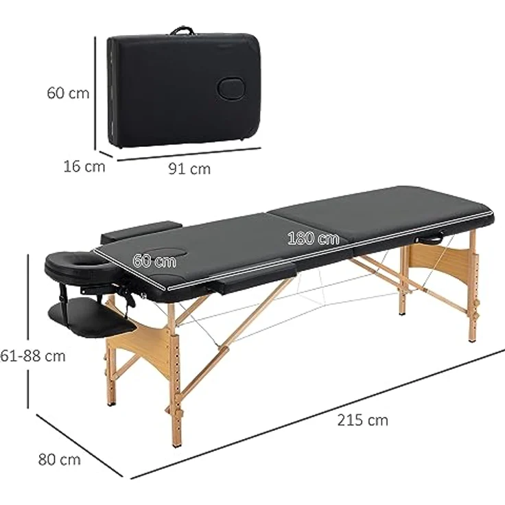 HOMCOM Klappbares Massagebett, Massageliege mit Kopfstütze, Kunstleder, verstellbare Höhe, belastbar bis 250 kg, Schwarz – Bild 5